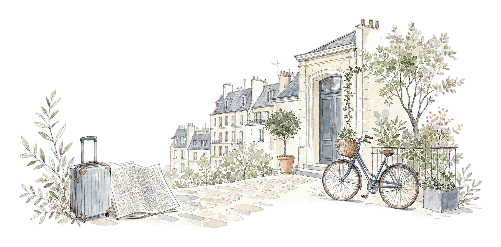 フランスに到着し街を歩き出すイメージ(水彩イラスト)